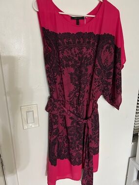 BCBGMaxAzria Hot Pink One-Shoulder Lace-Print Belted Dress